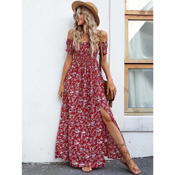 Off the Shoulder Floral High Slit maxi Dress black boho - Picture 9 of 11